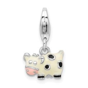 925 Sterling Silver Polished 3-D Enameled Cow Bracelet Charm Lobster Clasp